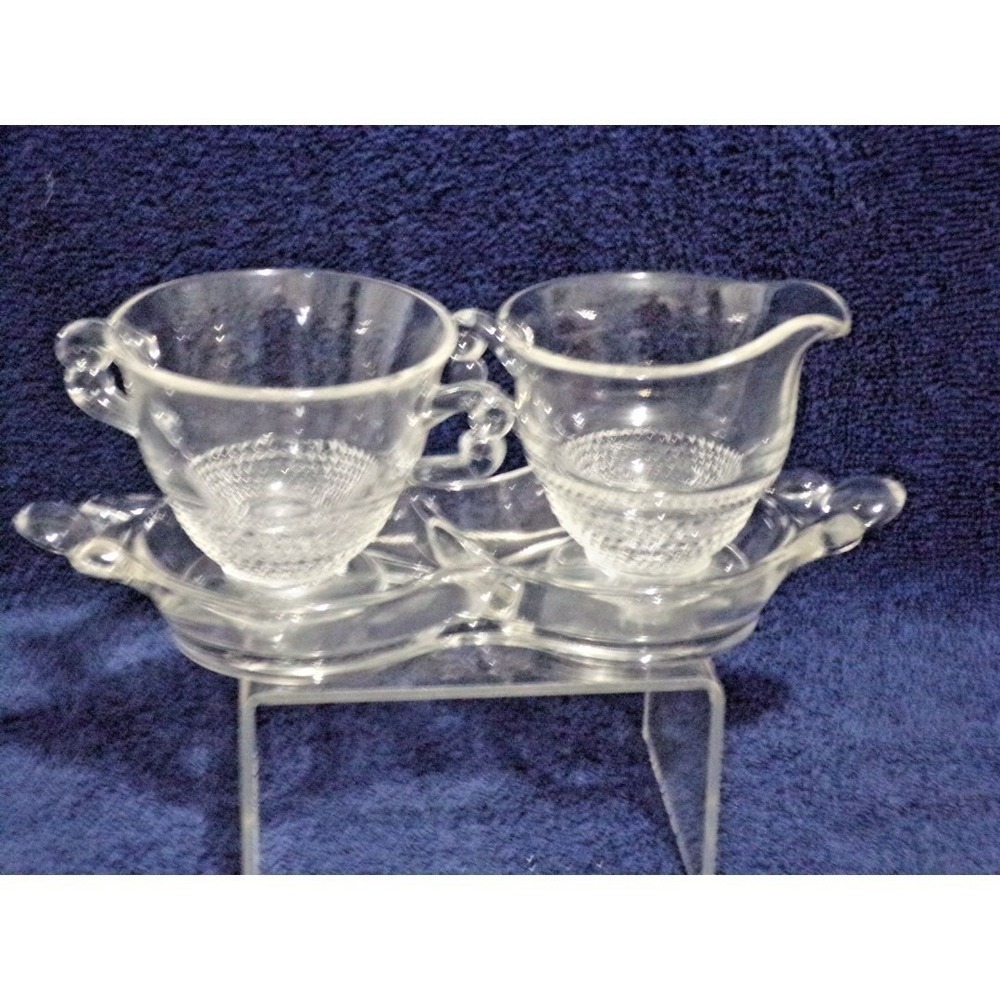Duncan Miller Teardrop Creamer &‎ Sugar Tray Set Clear Glass Vintage Cottagecore